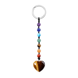 CrystalTears Heart Keyring 7 Chakra Beads Pendant Key Ring Gemstone Bag Pendant Talisman Spiritual Gifts, Tiger's eye