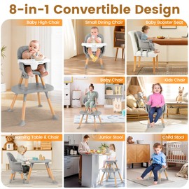Ezebaby Baby High Chair, 8 in 1 Convertible High Chairs to Booster Seat/Toddler Chair/Table and Chair Set, Baby Feeding Chair with Adjustable Tray & PU Cushion(Grey)