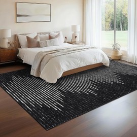 COZYLOOM 8x10 Washable Rug for Bedroom Dining Room Office Black Living Room Rug Low Pile Neutral Area Rugs Modern Stripes Carpet Non Slip Farmhouse Floor Cover