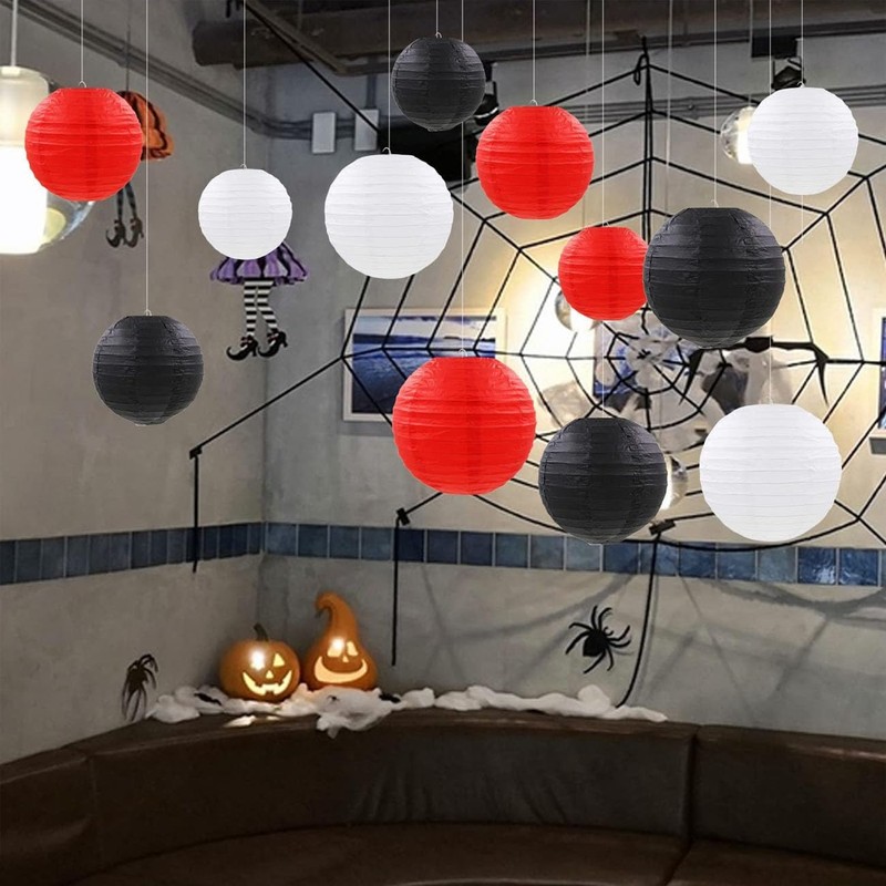 12pcs Black Red White Paper Lanterns,Round Hanging Paper Lampshade,Birthday,Baby Shower,Wedding,Party,Ceiling