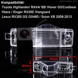 Kalakass Car Backup Camera,IP 67 Waterproof LED Night Vision License Plate Reverse Rear View Back Up Car Camera compatible with Highlander Hover G3 Coolbear Hiace Kluger RX300