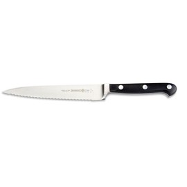 Mundial 5100 Series 6-inch Utility Knife with a serrated edge, forged blade, stainless steel design, and comfortable handle