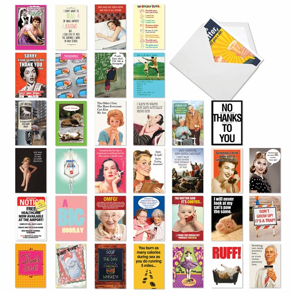 NobleWorks - 36 Assorted Funny Mixed Occasions Blank Greeting Cards Box Set w/Envelopes, Humor B-Day, Get Well for Men, Women (36 Designs, 1 Each) - Big Laughs Collection AC6669XXG-B1x36