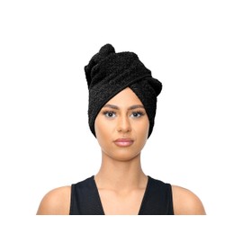 Sapphire Collection Hair Drying Towels, 100% Pure Terry Towel Cotton Soft Hair Towel Wrap Hair Twist Turban Towel Absorbent Hair Cap Head Wrap Spa Towels with Loop & Button for Long Hairs (Black)