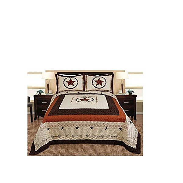 Golden Linens LLC 3-Piece Western Lone Star Barb Wire Cabin/Lodge Quilt Bedspread (Full/Queen)