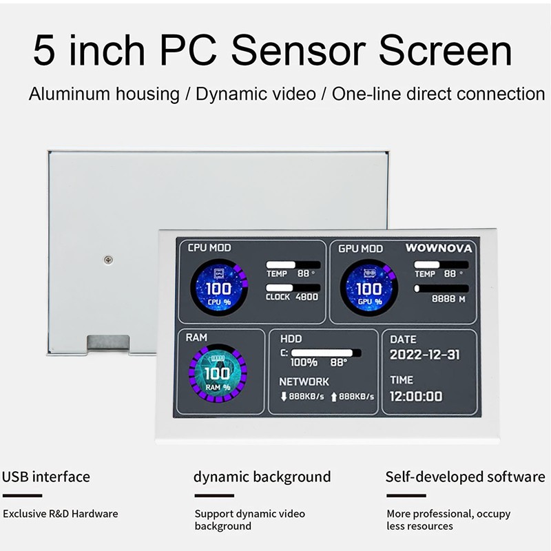 5in Computer Temp Monitor IPS USB Mini Screen PC Sensor