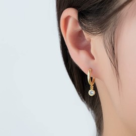 CZ Bezel Dangle Hoop Earrings for Women Girls 925 Sterling Silver Charms Minimalist Tiny Round Cubic Zirconia Drop Dangling Cartilage Helix Tragus Diamond Solicate Hypoallergenic Jewelry (Gold)