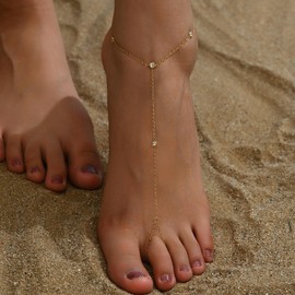 Havopso Dainty Ankle Bracelets for Women 18K Gold Plated Tiny Cross Satellite Chain Anklets Y Shaped CZ Toe Ring Ankle Bracelet Minimalist Beach Foot Jewelry for Women