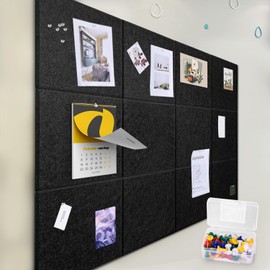 Large Cork Board Alternative, 47"x35" Black Felt Wall Tiles Removable Adhesive Cork Boards for Walls, 12 Pack Felt Squares Bulletin Board for Office, School, Home, 40 Push Pins