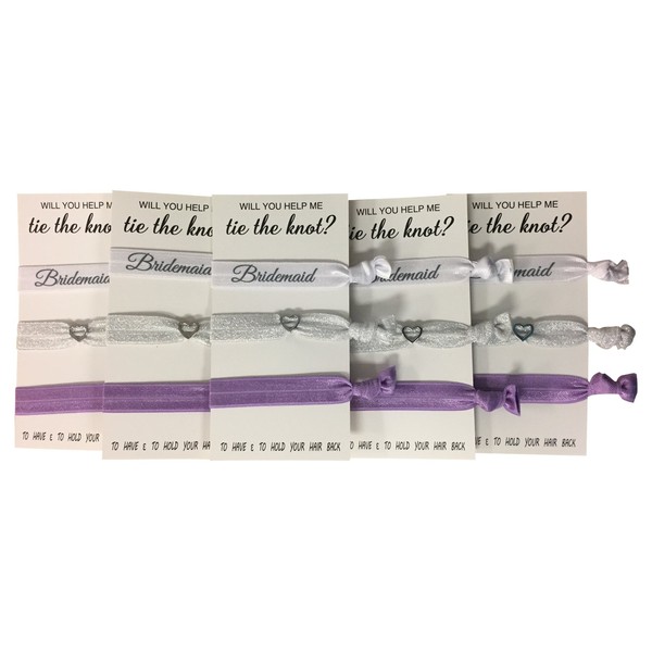 Bridesmaid Hair Ties, Bridesmaid Proposal Gifts-5 Pack Purple Ribbon Hair Ties No Crease Elastics Handtied Ouchless Ponytail Holders Hair Band Favors for Bachelorette Parties, Bridal Shower & More