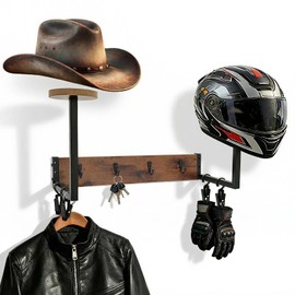 Cowboy Hat Rack For Wall, Rustic Helmet Holder with 2 Wooden Hat Stands, 4 Metal Hooks and 4 Clips for Jacket Organization, Western Home Decor Shelf for Closet, Horse Trailer, Entryway, Bedroom