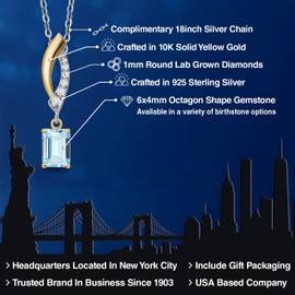 Gem Stone King 925 Silver and 10K Yellow Gold Gemstone Birthstone and White Lab Grown Diamond Pendant Necklace for Women | Emerald Cut 6X4MM | With 18 Inch Chain