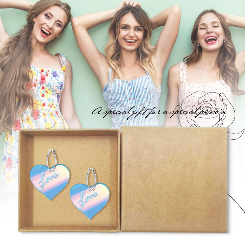 Heart Hoop Earrings for Women, WGXIA Acrylic Laser Lover Dangle