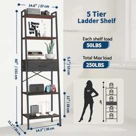 Whitmor 5-Tier Ladder Bookshelf with Drawer, Tall Narrow Bookcase with Wood Shelves & Metal Frame, Modern Display Storage Shelf for Living Room, Bedroom, Bathroom, Kitchen, Black