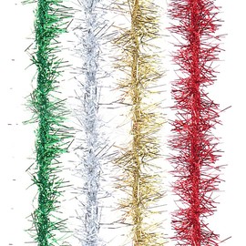 Christmas Tinsel Garland, 4 Rolls Christmas Tree decorations Tinsel Ribbon Gold Silver Christmas Tinsel Garland for Xmas Christmas Tree Wedding Birthday New Year Party Decorations(4 Colors)