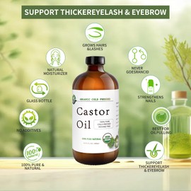 MAYLINK Castor Oil-Castor Oil Organic Cold Pressed Unrefined Glass Bottle-Organic Certified 100% Pure Castor Oil,Hexane Free,Organic Castor Oil for Face,Hair Growth,Eyelashes,Caster 16.91fl.oz/500ml