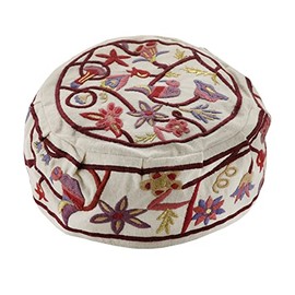 EMANUEL Yair Bucharian Kippah | Yarmulke Hat | Silk Embroidered Birds and Pomegranates Design White