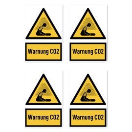Stickers: 150 x 100 mm, Pack of 4 – Warning CO2 – Warning Sign with Text (German) (Yellow/Black) – Vertical – W041 – DIN EN ISO 7010 / ASR A1.3