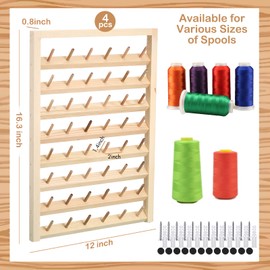 4 Pieces 48 Spool Wooden Thread Holder Wall Mounted Thread Rack with Hanging Hooks Thread Organizer for Mini Sewing Quilting Jewelry Embroidery
