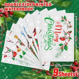Whaline 9 Sheets Merry Christmas Window Cling Stickers Cardinal Bird Poinsettia Flower Red Green Reusable Window Decals for Xmas Winter Party Home Office Classroom Decoration