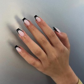 KQueenest 30 Pcs Black French Tip Press on Nails Medium Coffin Nails Press ons, Natural Nude Gel Fake Nails Acrylic, Glue on Nails Medium Ballerina, Classy French Tip Nails for Women DIY Manicure