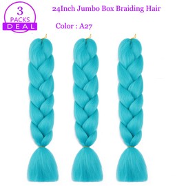 Jumbo Box Braiding Hair Extensions 24 Inch Cyan Blue Braiding Hair 3 Packs Twist Crochet Braids Hair Extension for Women High Temperature Synthetic Fiber(24",A27)