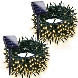 Moon Strike 2pk Solar Christmas Lights Outdoor Waterproof, 200LED 66FT Solar Powered LED String Lights Green Wire with 8 Modes, Solar Fairy Lights for Xmas Tree Wedding Garden Decorations(Warm White)
