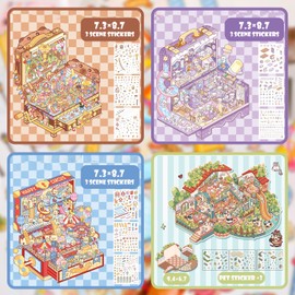 DIY 3D House Stickers, DIY Fun 3D House Sticker, Make Your Own Mini Supermarket Room Coffee Shop Restaurant Bookstore Scenes, Cute Cartoon Scene Sticker for Adult Pass The Time (Set 9)