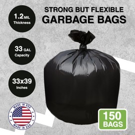 Top Knot Bags 33 Gallon Garbage Trash Bag 33X39" 1.2 Mil Black 150 Count Can Liner Bulk 30 Gallon 31 Gallon 32 Gallon 34 Gallon 35 Gallon Made in USA