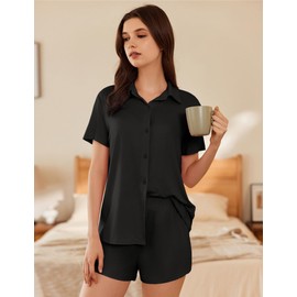 Ekouaer Womens Pajama Sets Short Sleeve Button Down Pajamas for Women Soft Lounge Sets for Women Sleepwear PJS Black