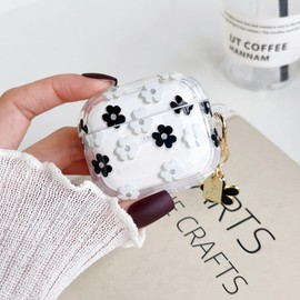 ECZOIL Cute Case Compatible for AirPods 4th Generation, Cute Black and White Flower Floral Soft Clear TPU Earphone Protective Case with Flower Keychain-Black White Flower