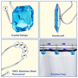Yapicoco Shower Curtain Hooks Rings for Bathroom, 12PCS Double Glide Stainless Steel Rust Resistant Blue Rhinestones Square Shower Hooks Hangers for Shower Curtains, Clothing, Towels, etc.