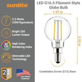 Sunlite LED G16.5 Filament Style Globe Light Bulb, 2.5 Watts (25W Equivalent), 250 lumens, Dimmable, Candelabra Base (E12), UL Listed, 5000K Daylight, 6 Count