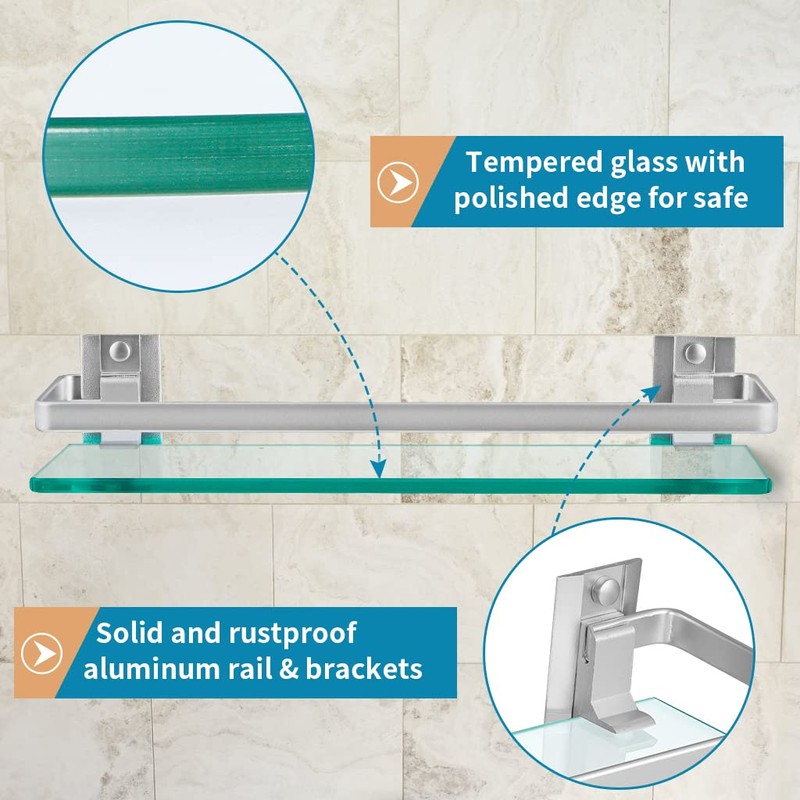 Sanbege 2-Pack Tempered Glass Bathroom Shelf with Rail, 15" x