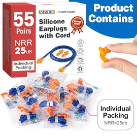 AZEN 55 pares de tapones para los oídos de silicona, tapones para los oídos reutilizables para reducción de ruido, tapones para los oídos con 25dB NRR