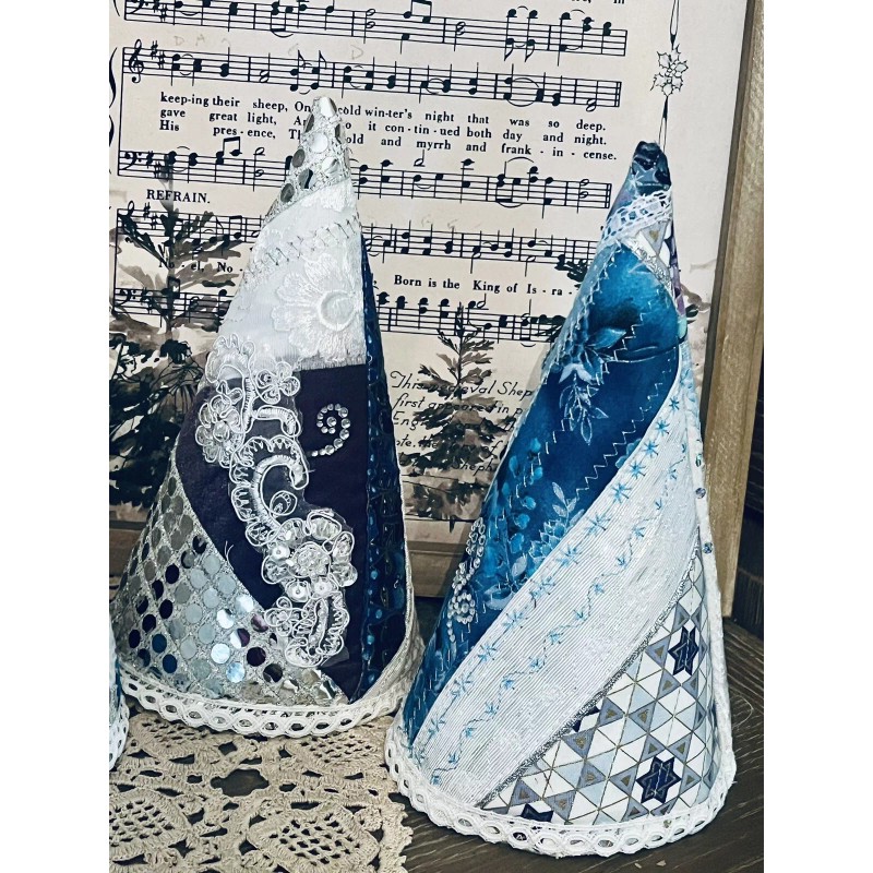 Handmade 3 VTG Fabric Patchwork Style Christmas Cone Trees Decorations,