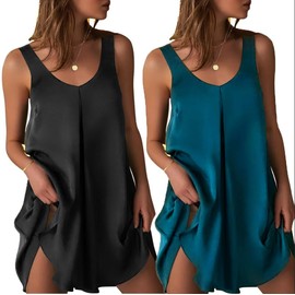 Ekouaer Women's 2 Pack Satin Silk Nightgown Sleeveless Sleep Dress V Neck Nightshirt Soft Tank Pleated Nightdress Black/Green