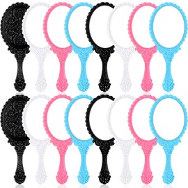 16 Pcs Retro Hand Held Mirror Small Vintage Handheld Mirror Cute Hand Mirror Oval Decorative Hand Held Mirror with Handle Compact Travel Mirror Makeup Mirror for Girls(Black, White, Blue, Pink)