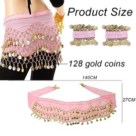 Belly Dance Hip Scarf with Bracelet, 128 Coins Belly Dance Skirt Wrap Belt with Wrist Ankle Bracelets, Dance Skirt Belt Waist Chain for Belly Dance, Zumba or Yoga Class, Performance Costume