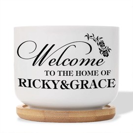 DecStic Welcome to The Home of Custom Name Planters Ceramic Positive Quotes Round Flower Pot with Drainage Holes and Bamboo Tray Pot for Home Desktop Office Windowsill