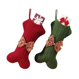 Otcmuky Pet Christmas Stockings 2 Pack Knitted Bone Shape Hanging Christmas Stockings for Home Fireplace Decor (Green+Red)