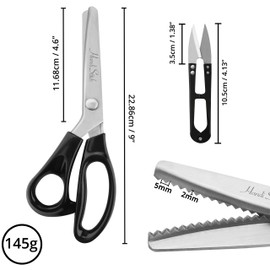 Fabric Scissors with Thread Shears - Seam Rippers - Professional and Durable Stainless Steel Scissors - Zigzag Scissors for Sewing, Embroidery, Dressmaking for Fabric, Paper, Crafts (Black)