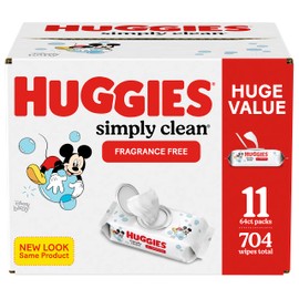HUGGIES Simply Clean Baby Wipes Flip Lid Packs 704 Wipes Total, White, Unscented, 11 Count