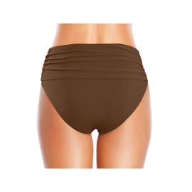 Tempt Me Women's Brown High Waisted Bikini Bottom Tummy Control Ruched Bathing Suit Swim Bottom L
