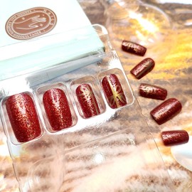 Christmas Bling Red Press on Nails Short Square Fake Nails with Gold Glitter Bow Designs Xmas Gift Red Glitter False Nails Winter Xmas Glue on Nails Artificial Stick on Nails for Women Girls 24Pcs