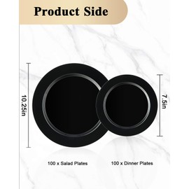 200PCS Black Plastic Plates, Disposable Party Plates with 100 Dinner Plates and 100 Dessert Plates, Plastic Plates for Party, Wedding and Birthday