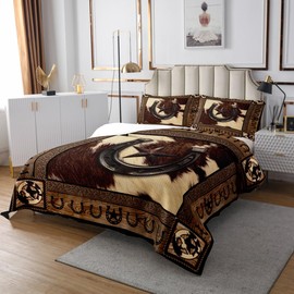 Western Cowboy Bedspread Queen Size,Texas Star Horseshoes Rustic Coverlet Set,Boys Girls Adults Room Decor,Farmhouse Cow Fur Wooden Plank Quilted Coverlet,Brown Retro Bedding Quilt,2 Pillowcases