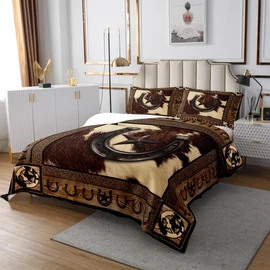 Western Cowboy Bedspread Queen Size,Texas Star Horseshoes Rustic Coverlet Set,Boys Girls Adults Room Decor,Farmhouse Cow Fur Wooden Plank Quilted Coverlet,Brown Retro Bedding Quilt,2 Pillowcases