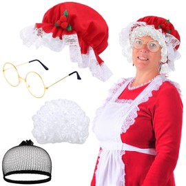 4 Pcs Mrs Claus for Women Mrs Claus Hat Old Lady Wig Granny for Mrs Claus Costume Cosplay Party (Round Frame Glasses)
