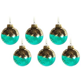 Translucent Teal Green Blue With Gold Glitter Christmas Tree Baubles (Set of 6)